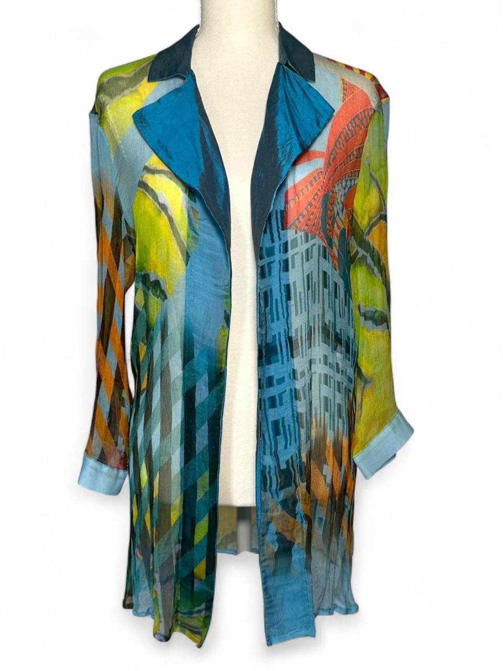 Save The Queen Sheer Multicolor Printed Blouse with Teal Trim